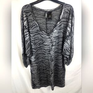 Bisou Bisou Silver & Black Zebra Print 3/4th Sleeve Shimmering Dress Tunic Sz XL